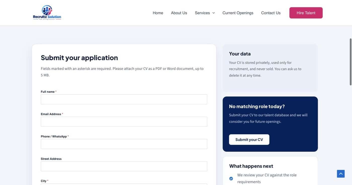 Online job application form with CV upload