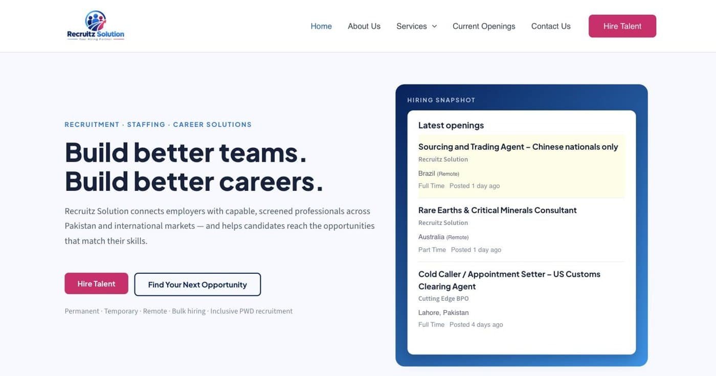 Recruitz Solution homepage with live vacancies panel