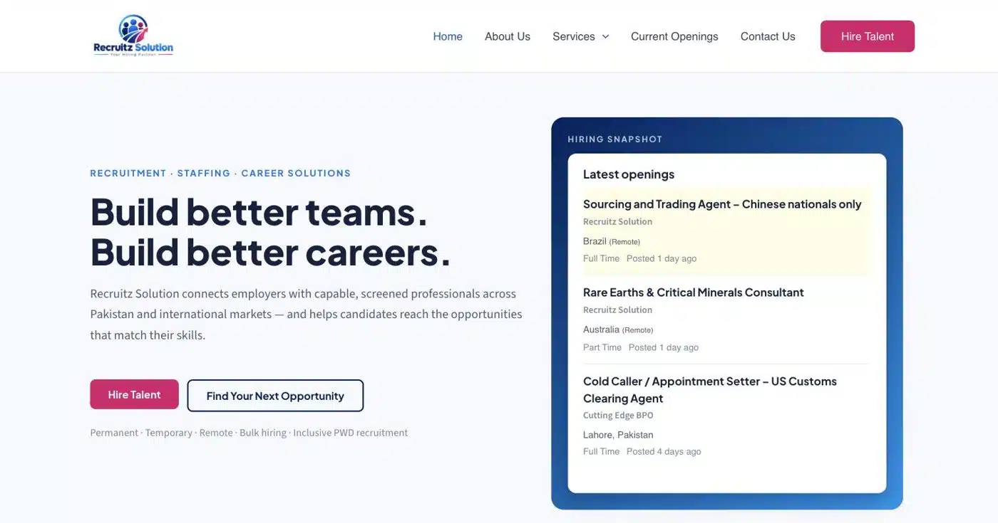 Recruitz Solution homepage with live vacancies panel