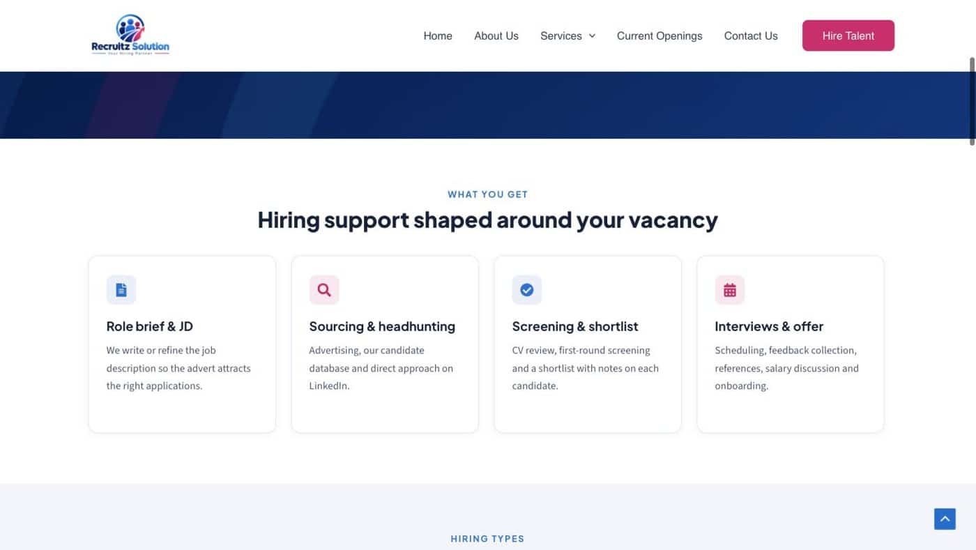 Hire Talent page showing the hiring support process
