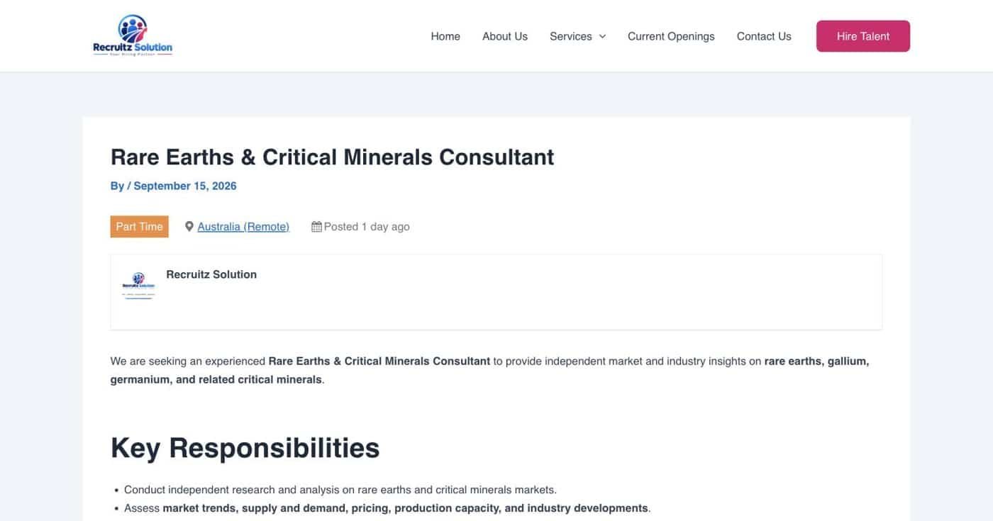 A live vacancy page on the Recruitz Solution job board