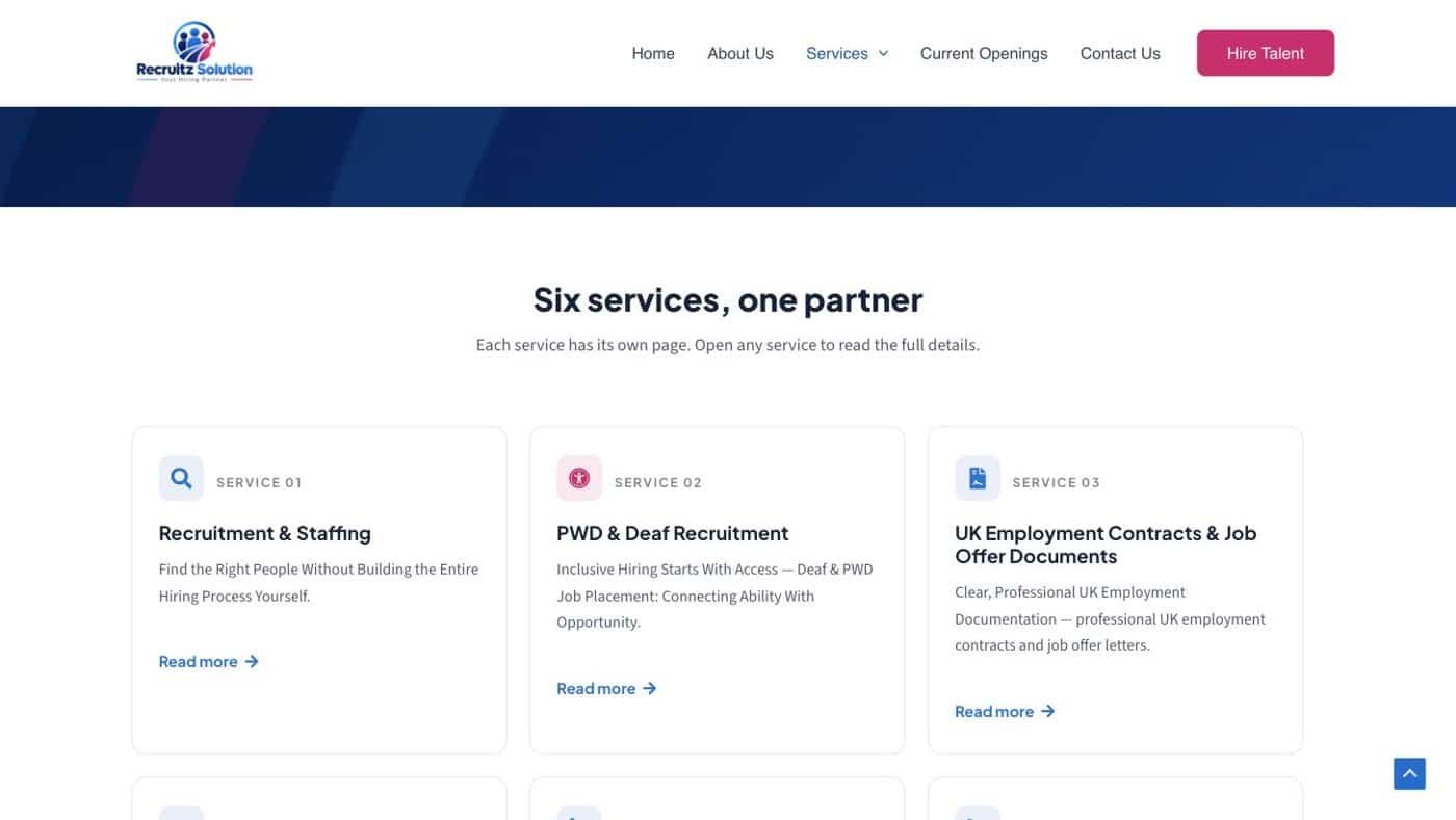 Services hub page listing six recruitment services